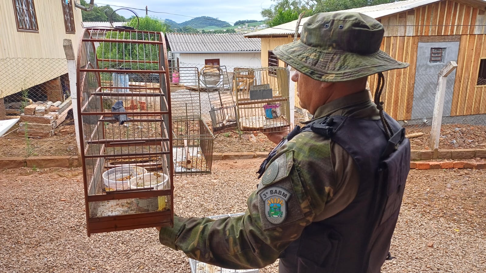 Policiais da Patram resgatam pássaros silvestres que eram mantidos em cativeiro, em Vila Maria.3º Batalhão Ambiental da Brigada Militar.