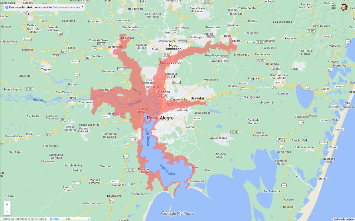 Defesa Civil emite alerta para algumas regiões, na noite deste sábado (4). Em vermelho, representa áreas de risco sob a elevação do Guaíba.