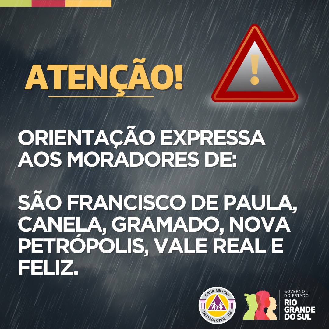 Orientação Expressa da Defesa Civil para novos municípios do Rio Grande do Sul, abrangendo municípios que não estavam na última orientação.