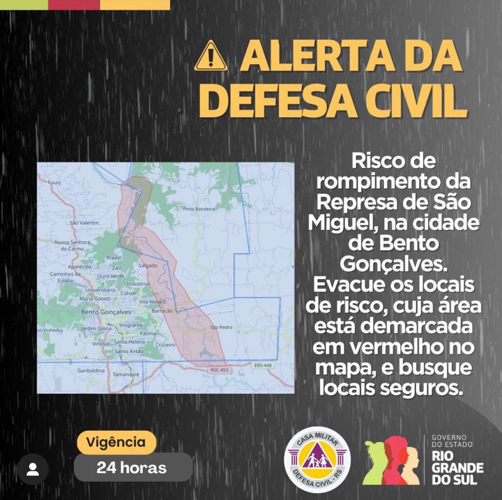 A Defesa Civil do Estado alerta a população das cidades de Bento Gonçalves e Pinto Bandeira para o risco de rompimento da Represa