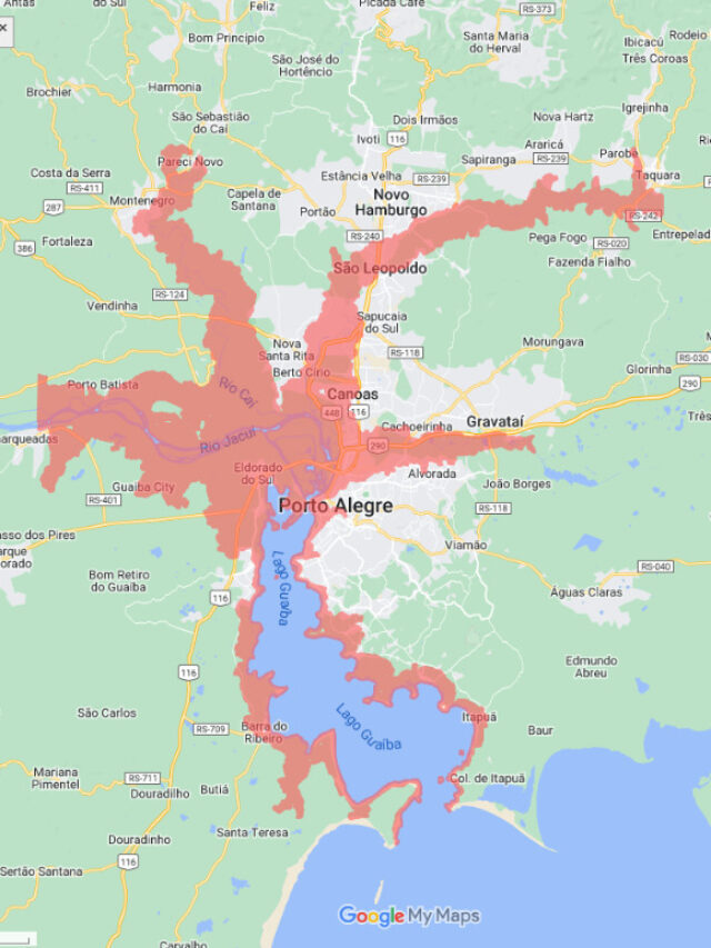 Defesa Civil emite alerta para algumas regiões, na noite deste sábado (4). Em vermelho, representa áreas de risco sob a elevação do Guaíba.