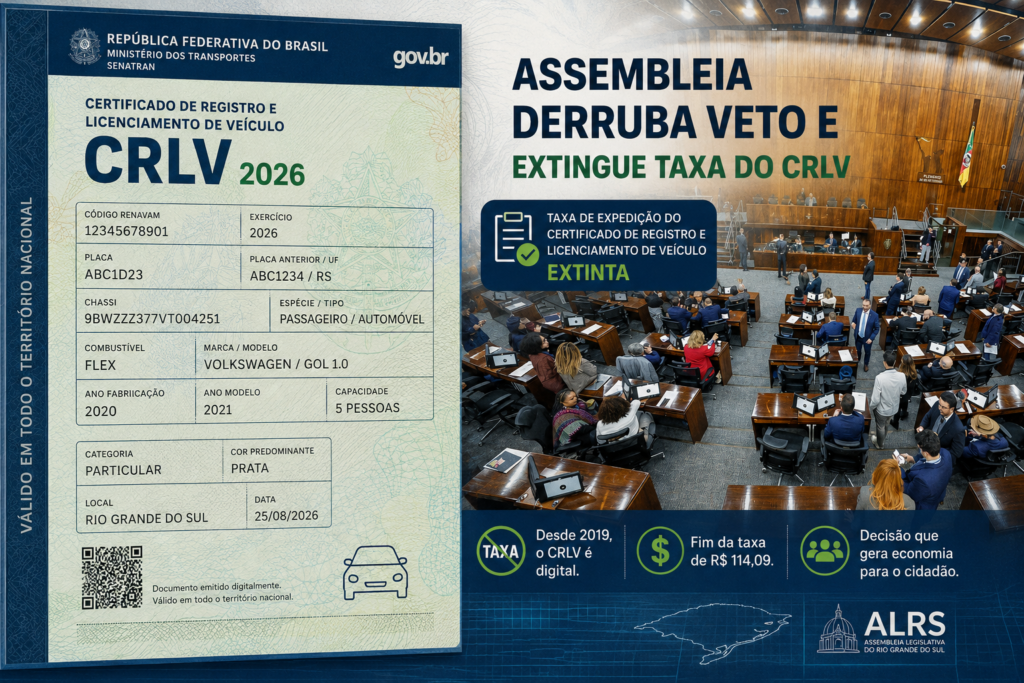 ALRS derruba veto total do Executivo a projeto que extingue taxa de expedição do CRLV