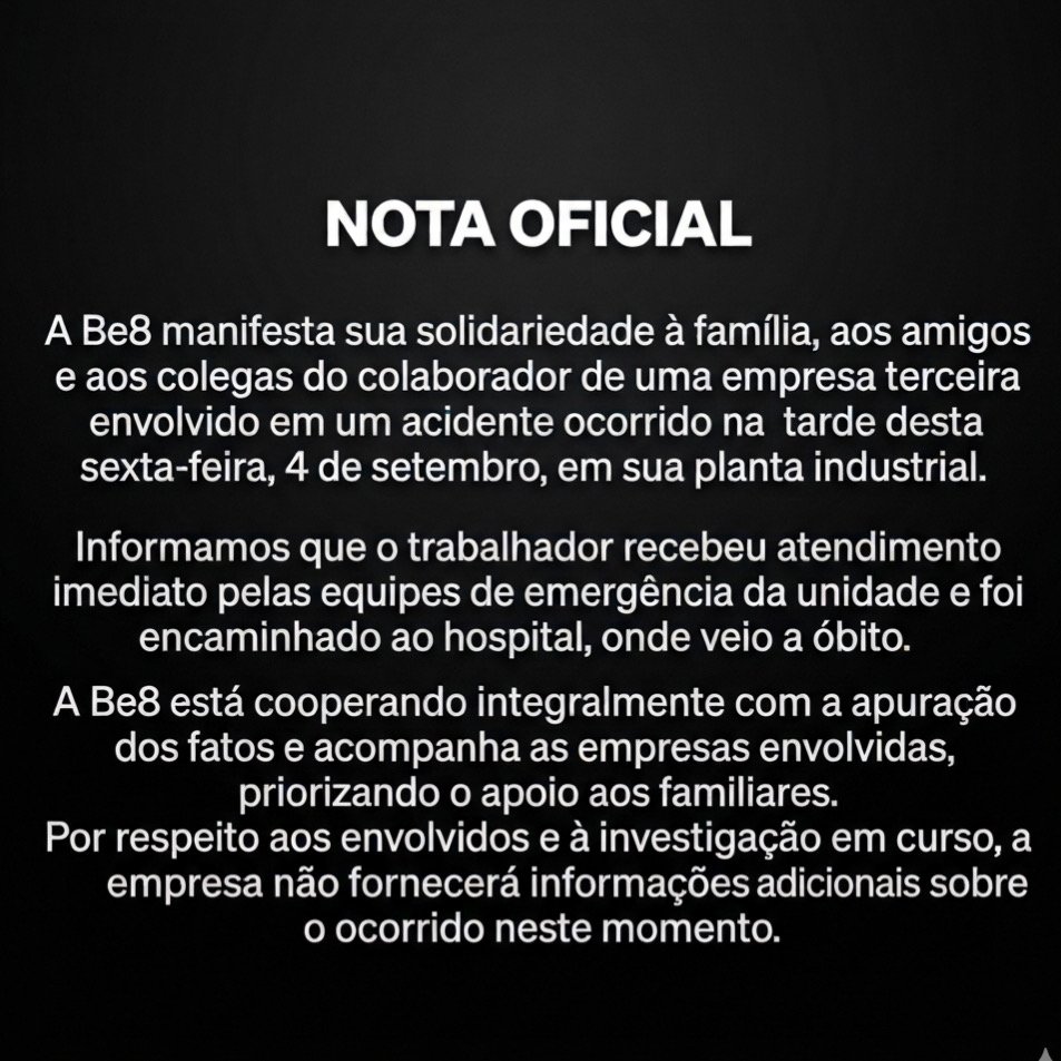 Be8 emite nota sobre acidente que vitimou trabalhador